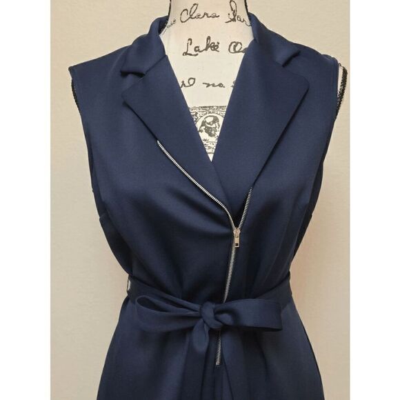 💙 EN FOCUS STUDIO Sleeveless Belted Moto Sheath Navy Blue Dress SIZE 8 - Picture 8 of 10
